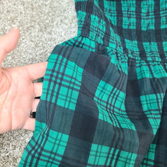 Ivy City Co Plaid Smocked Jumpsuit S Green Blue Puff Sleeve Square Ruffle Neck - Picture 10 of 11